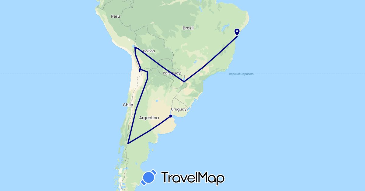 TravelMap itinerary: driving in Argentina, Bolivia, Brazil, Chile (South America)